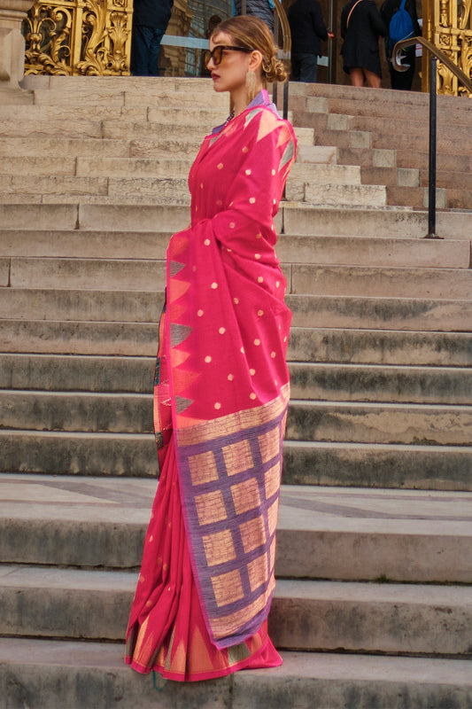 Vsaree Rani Pink Banarasi Silk Designer Saree With Banarasi Border And Blouse