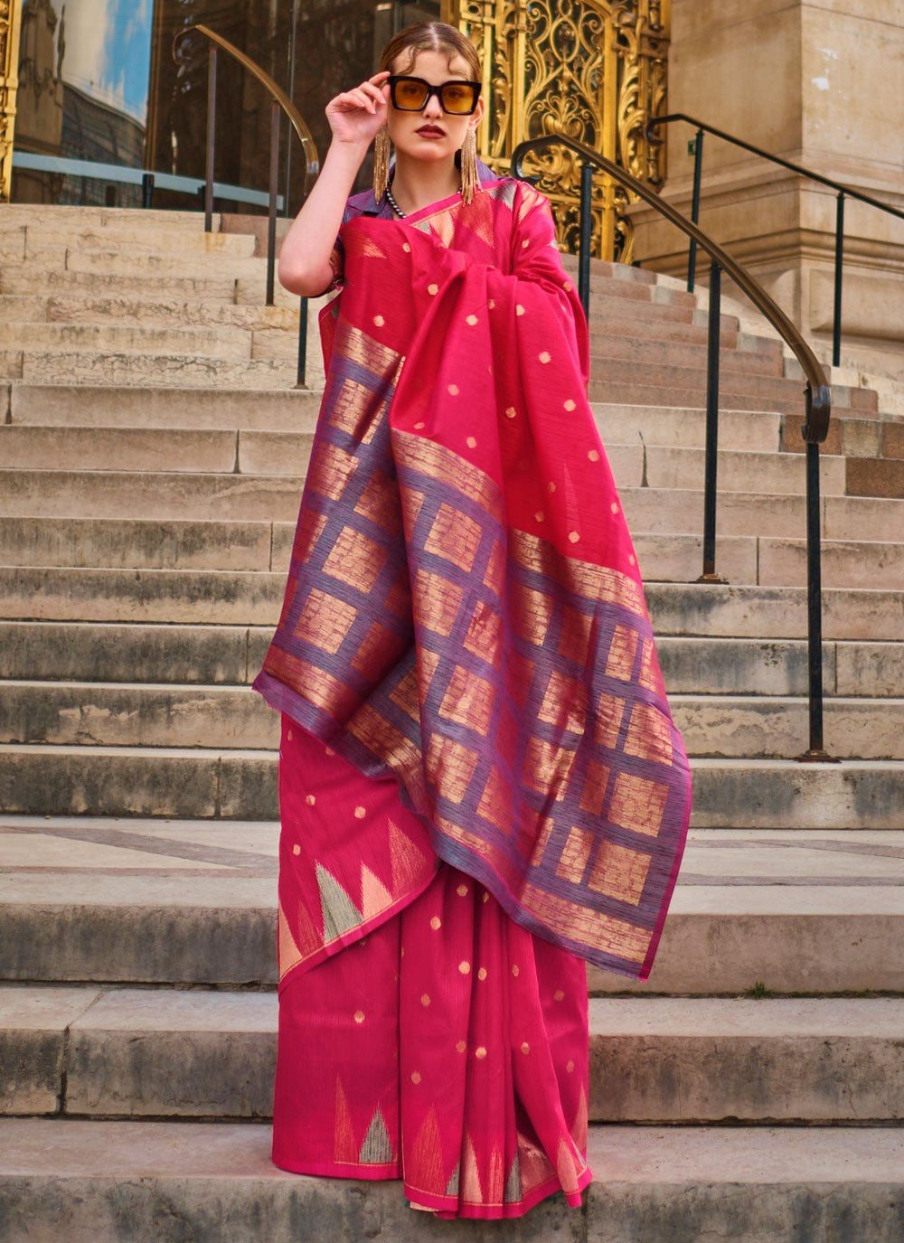 Vsaree Rani Pink Banarasi Silk Designer Saree With Banarasi Border And Blouse