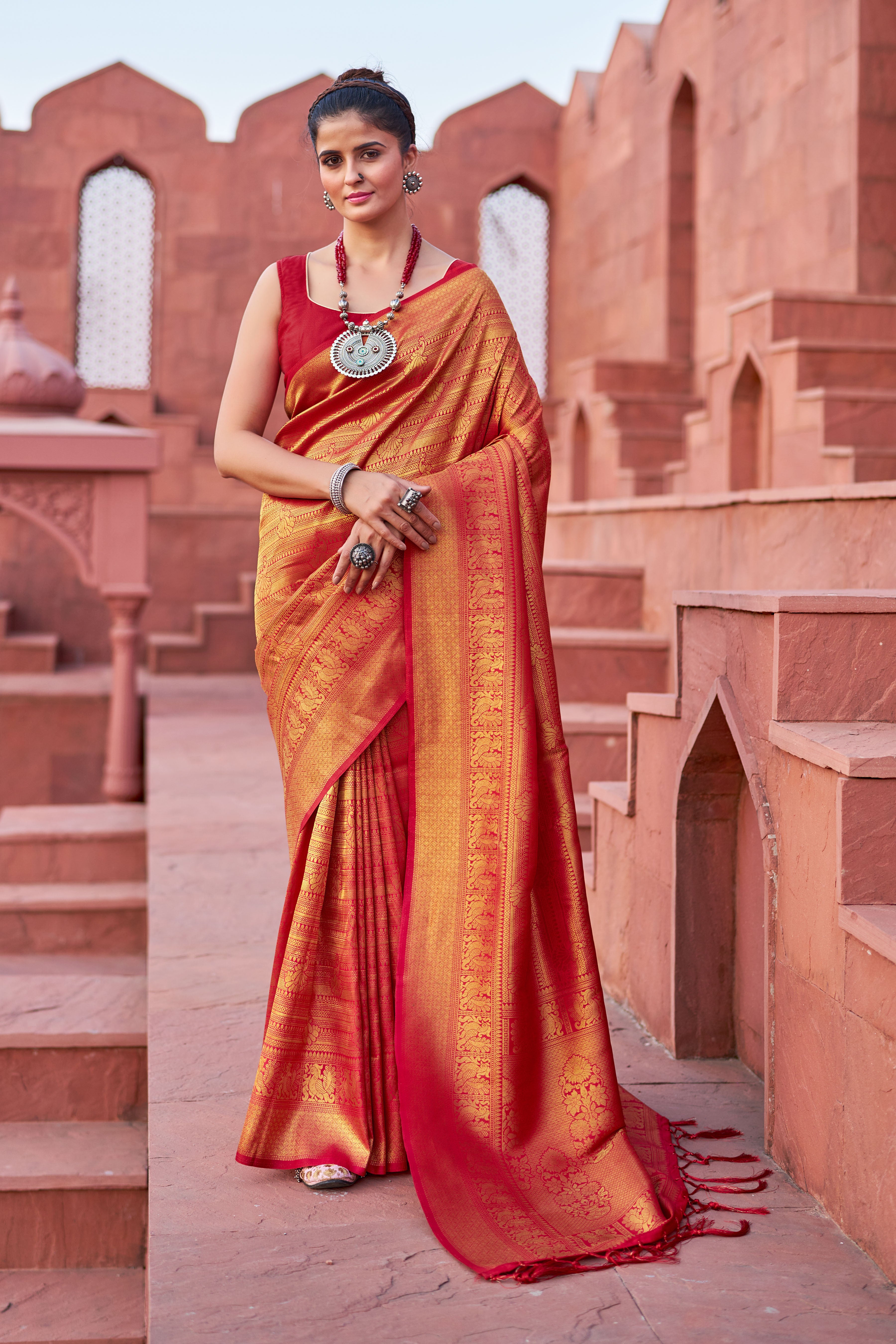 Designer Banarasi Silk Golden Border With Banarasi Design Saree And Blouse