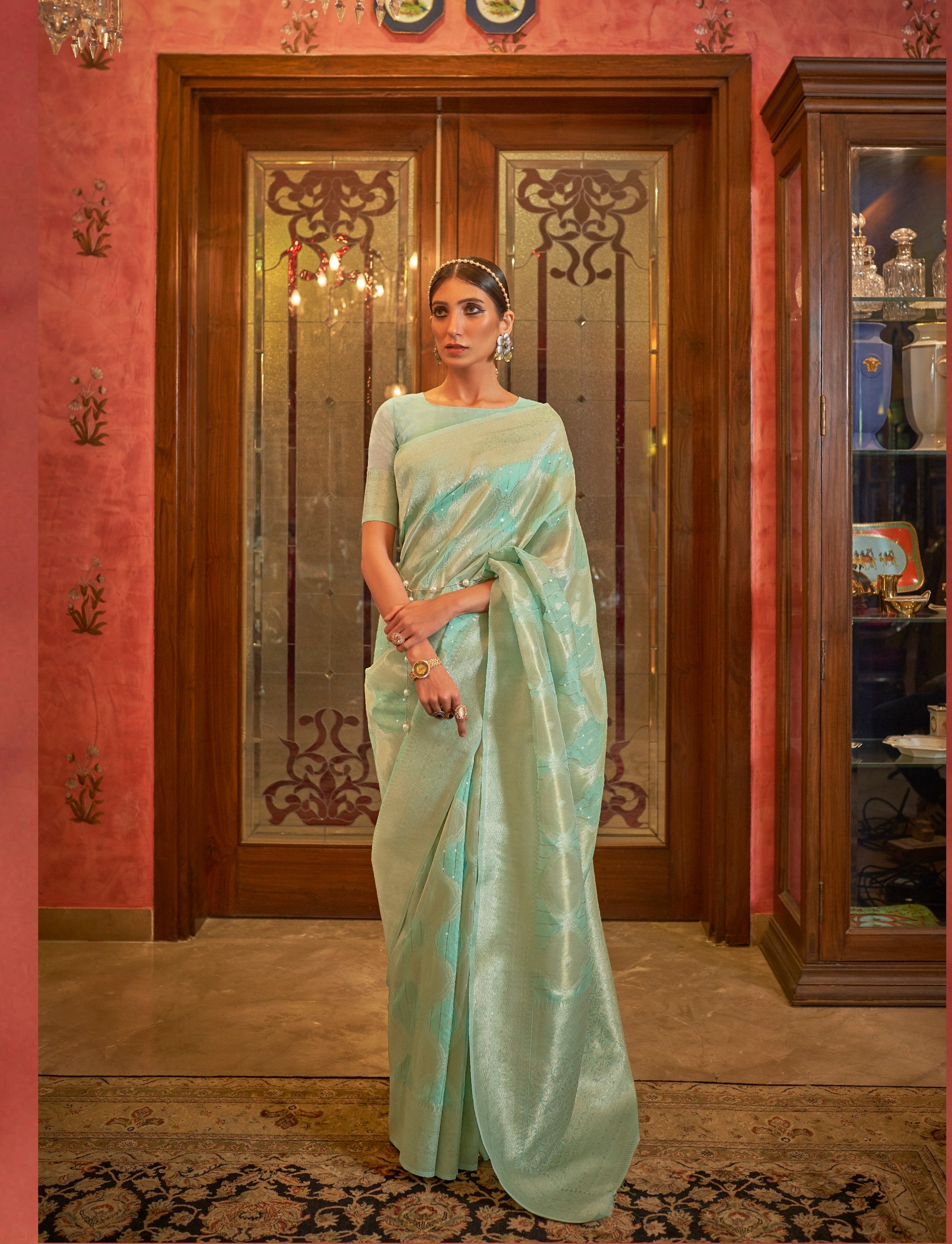 Vsaree Sea Green Banarasi Soft Silk Zari Weaving Border And Woven Pallu Saree With Blouse