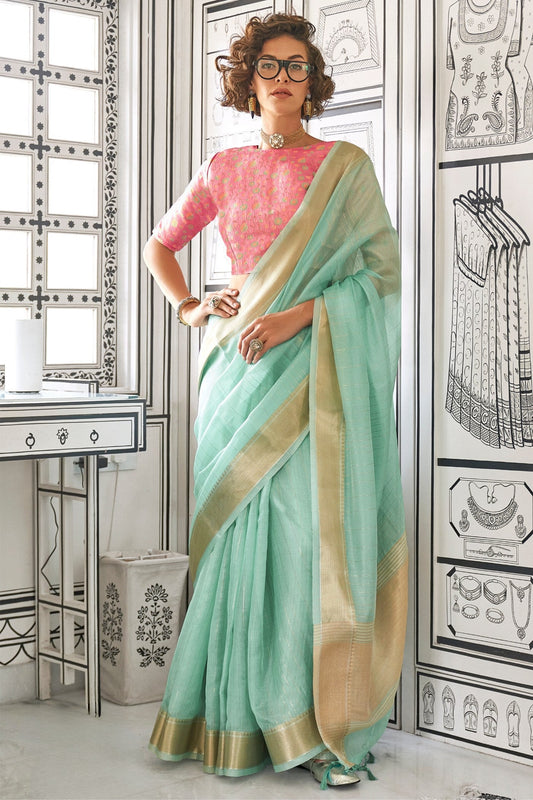 Vsaree Sky Blue Chiffon Silk Saree And Zari Waving Border With Blouse For Women