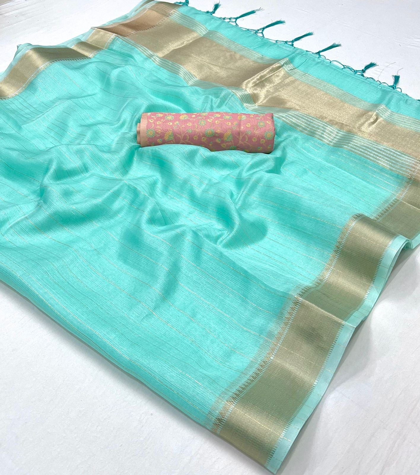 Vsaree Sky Blue Chiffon Silk Saree And Zari Waving Border With Blouse For Women