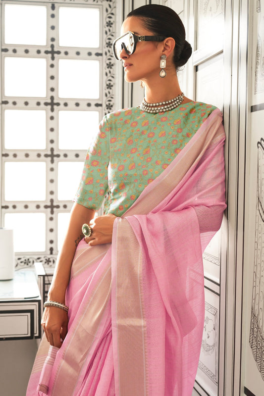 Vsaree Pink  Chiffon Silk  Saree And Zari Waving Border With Blouse For Women