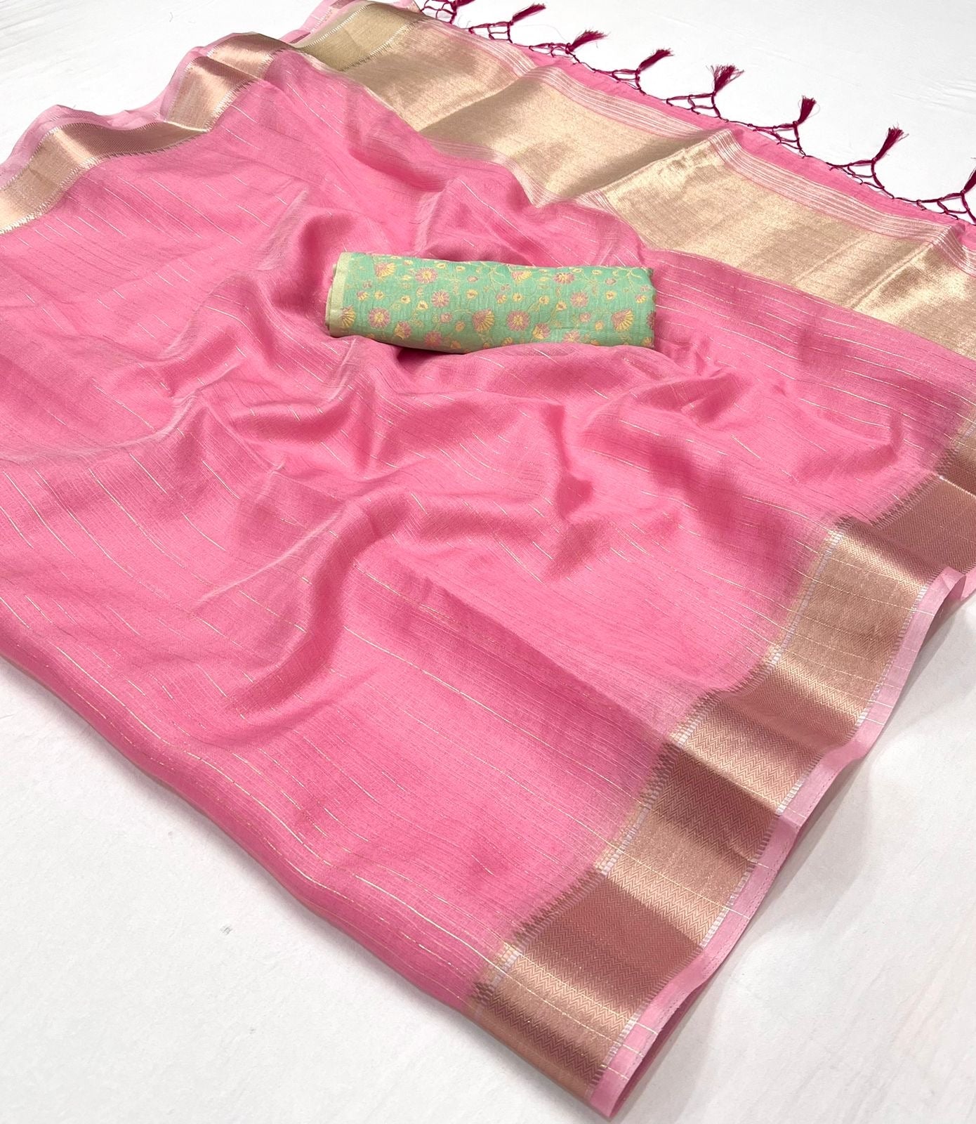 Vsaree Pink  Chiffon Silk  Saree And Zari Waving Border With Blouse For Women