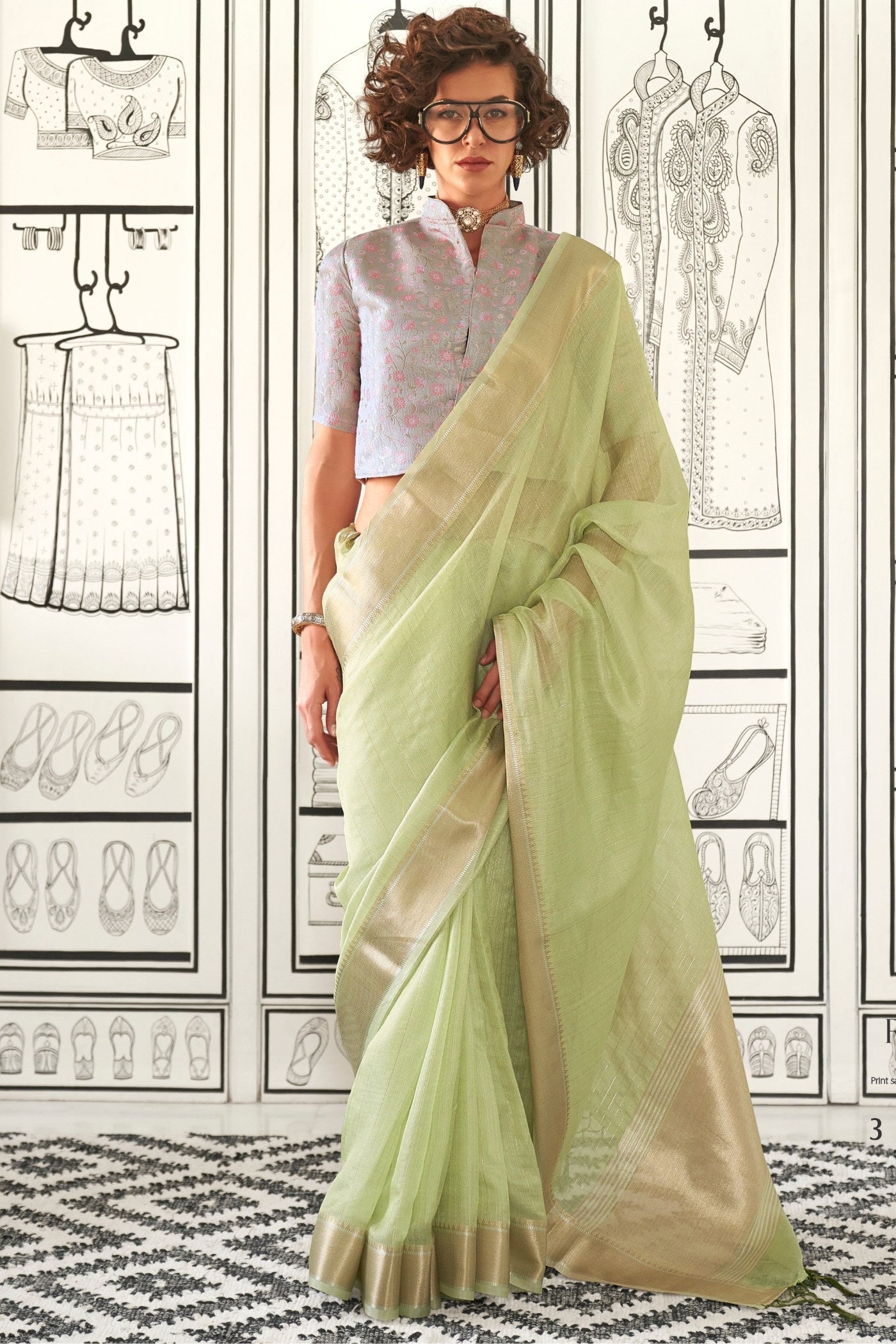 Vsaree Light Green Chiffon Silk Saree And Zari Waving Border With Blouse For Women