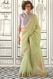 Vsaree Light Green Chiffon Silk Saree And Zari Waving Border With Blouse For Women