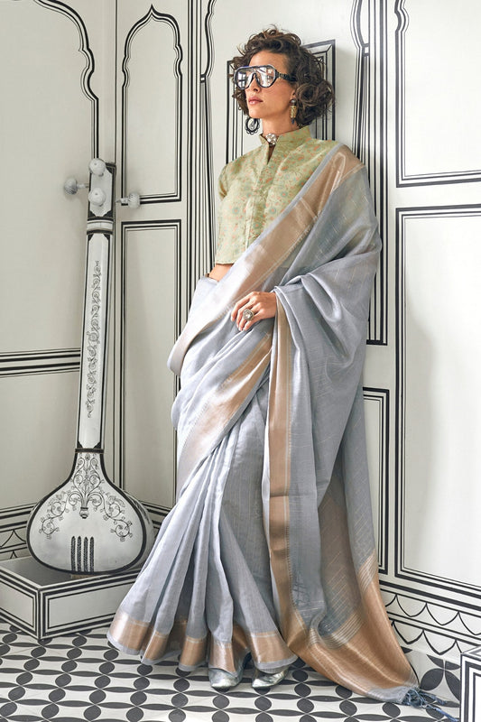 Vsaree Grey Chiffon Silk Saree And Zari Waving Border With Blouse For Women