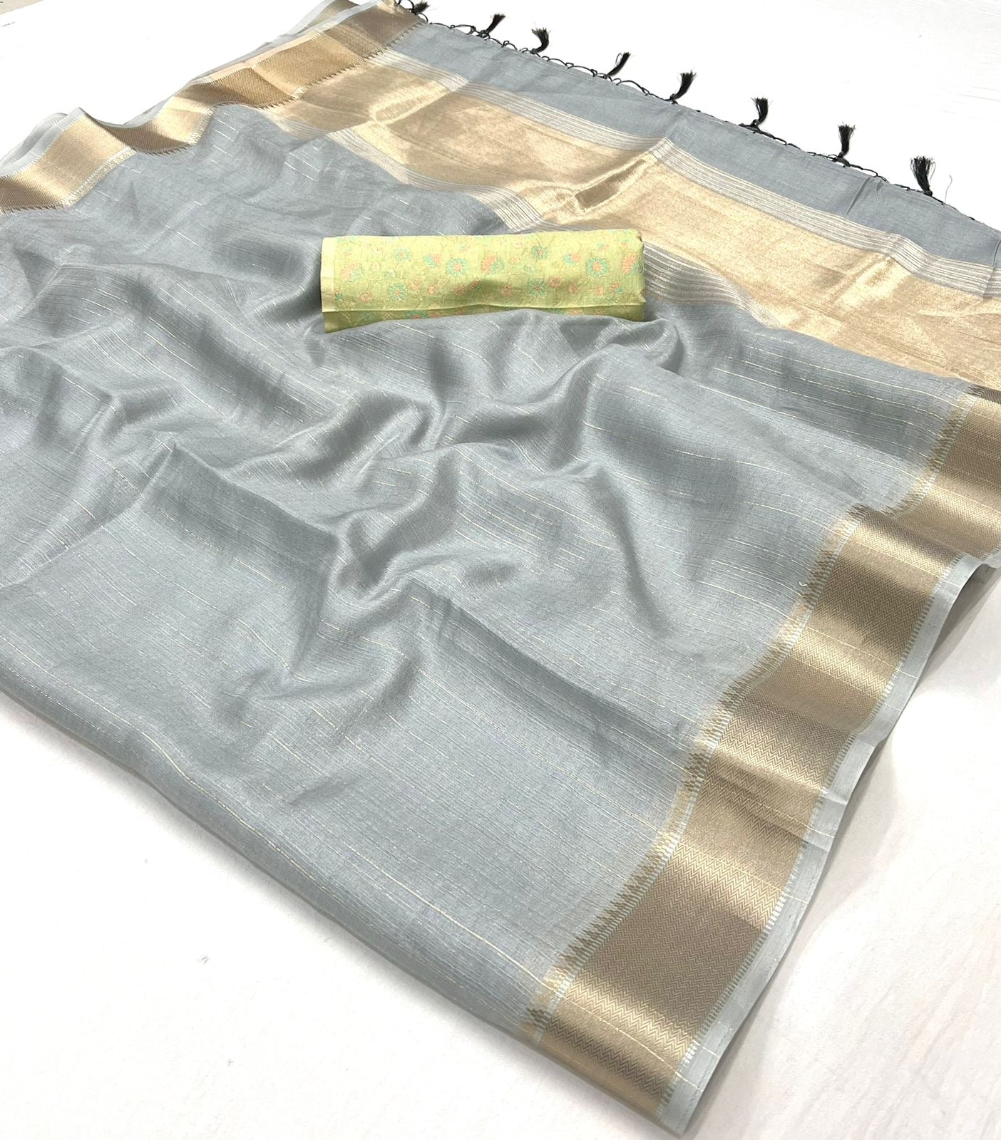 Vsaree Grey Chiffon Silk Saree And Zari Waving Border With Blouse For Women