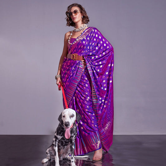 Vsaree Purple Banarasi Organza Zari Weaving Border And Hevy Rich Pallu With Blouse