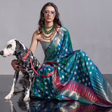 Vsaree Teal Banarasi Organza Zari Weaving Border And Hevy Rich Pallu With Blouse