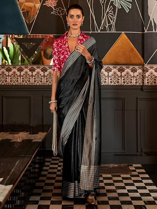 Vsaree Desingner Black Silk  Saree With Heavy Rich Pallu And Blouse