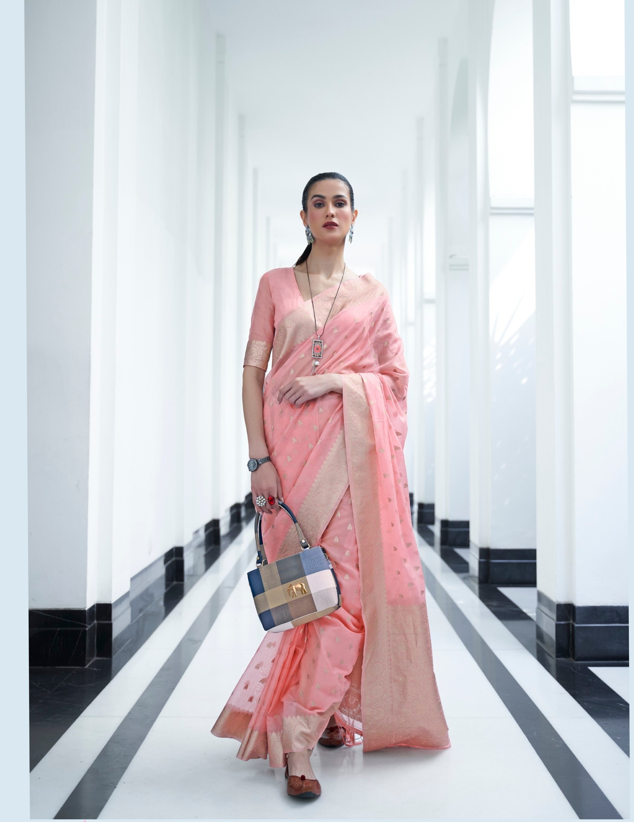 Vsaree Pink Banarasi Kora Silk Designer Saree With Banarasi Border And Blouse