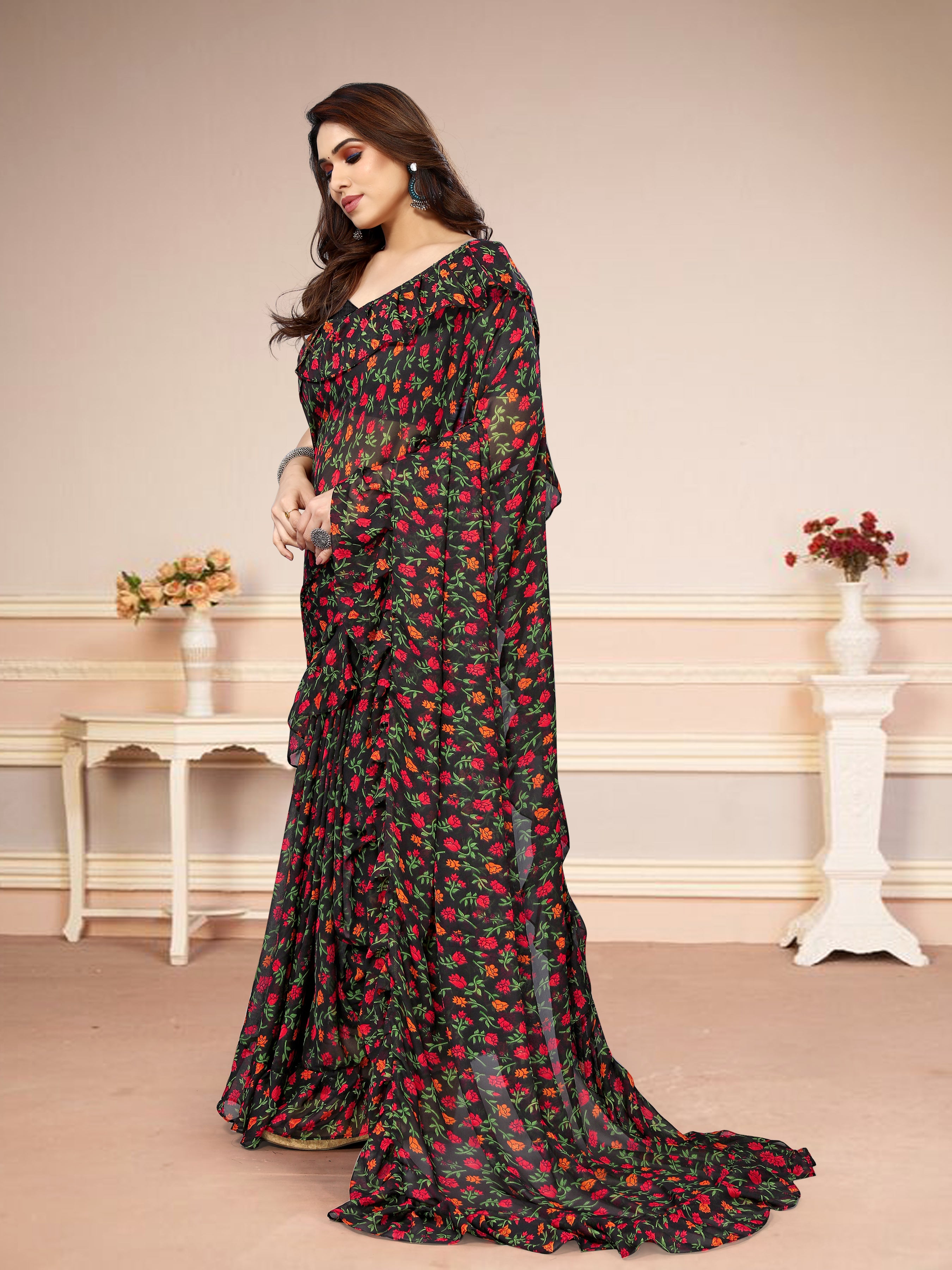 Vsaree Black Banglori Printed Saree With Banglori Blouse For Women