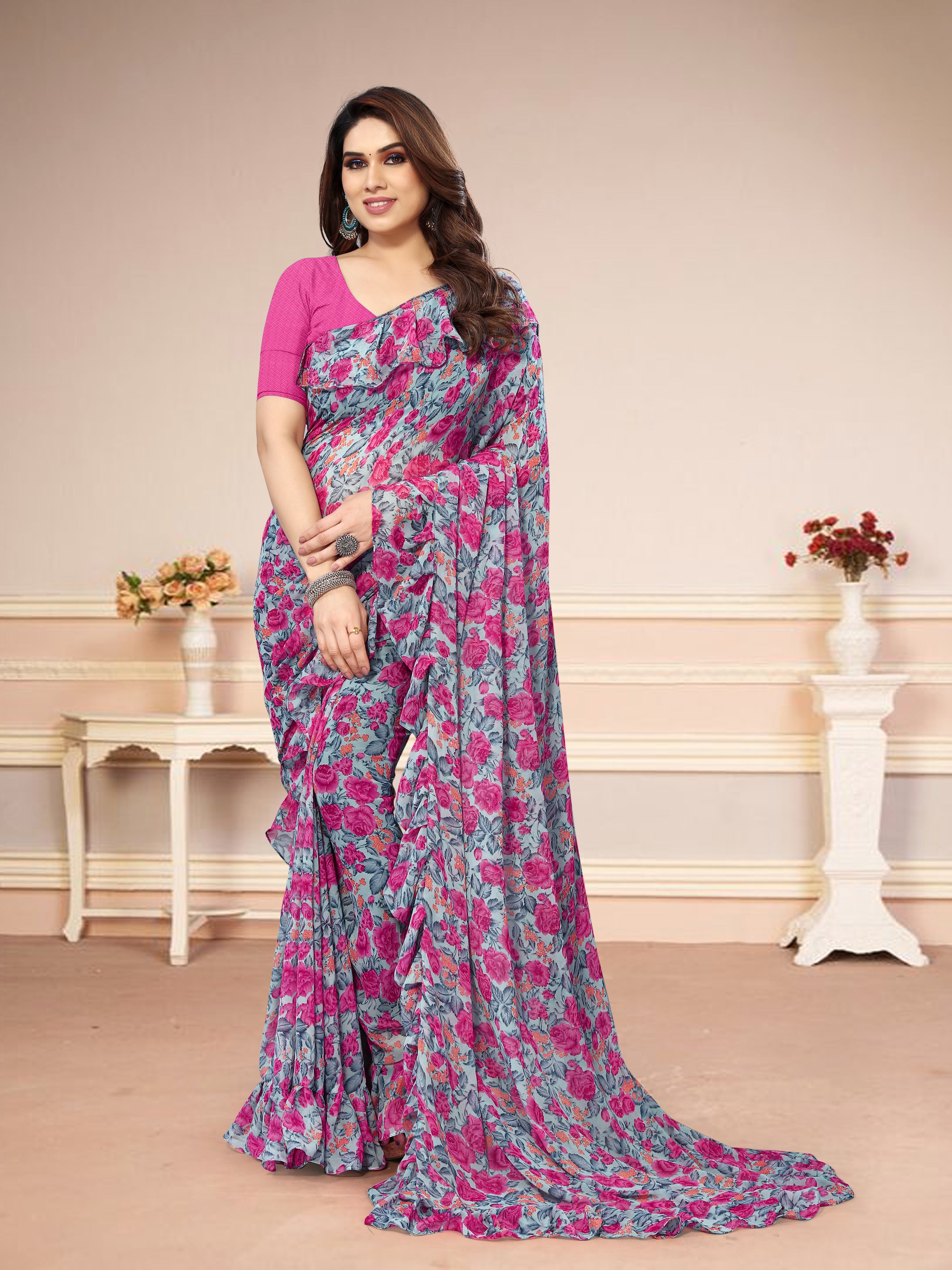 Vsaree Grey Banglori Printed Saree With Banglori Blouse For Women