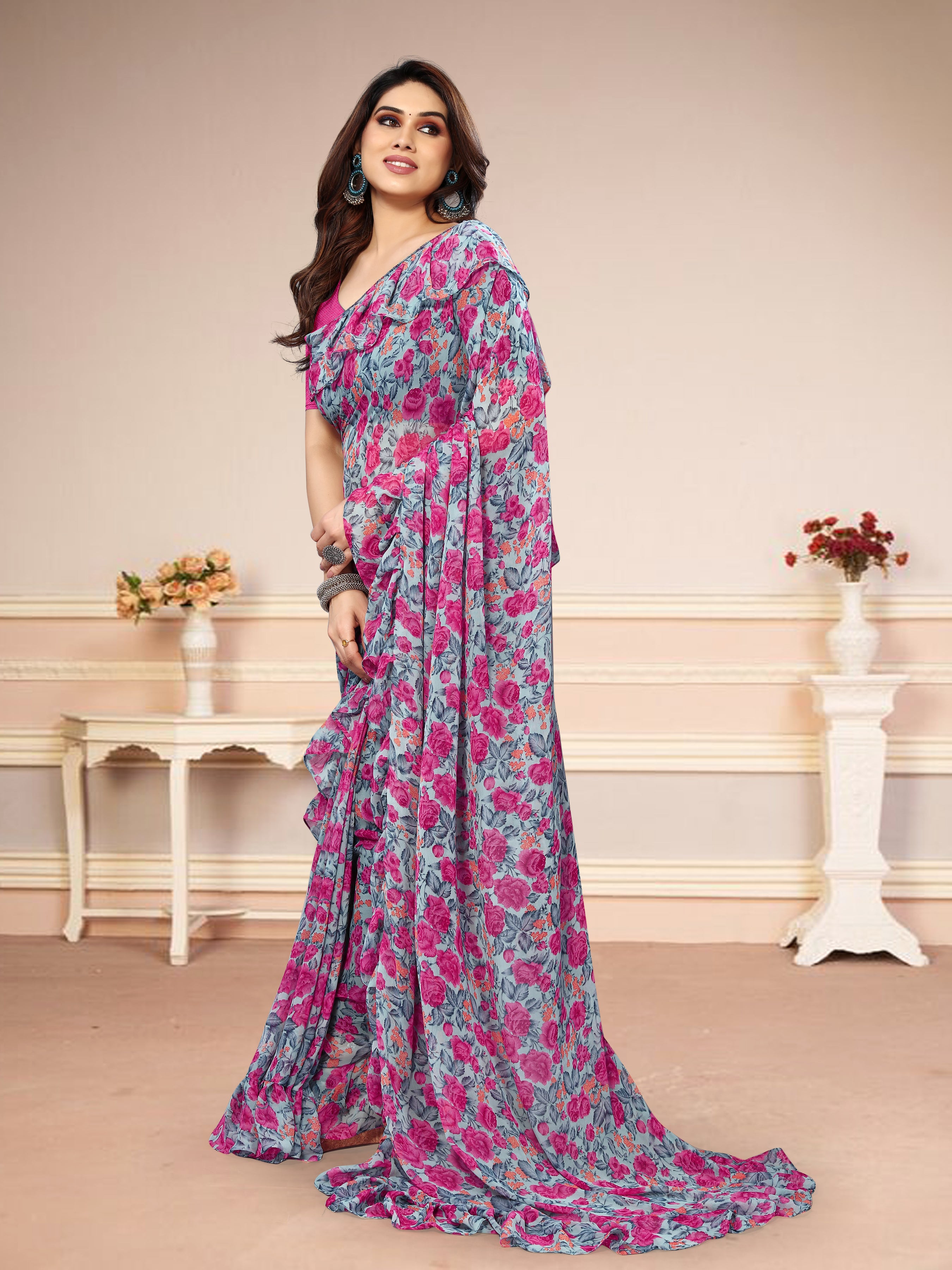 Vsaree Grey Banglori Printed Saree With Banglori Blouse For Women