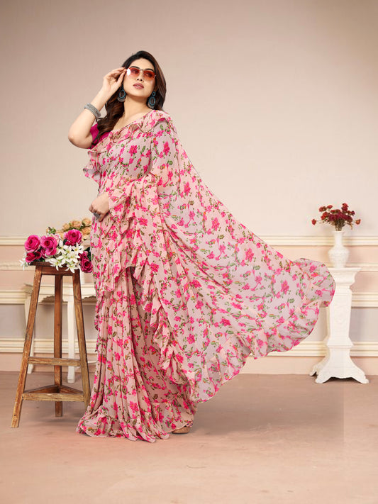 Vsaree Pink Banglori Printed Saree With Banglori Blouse For Women