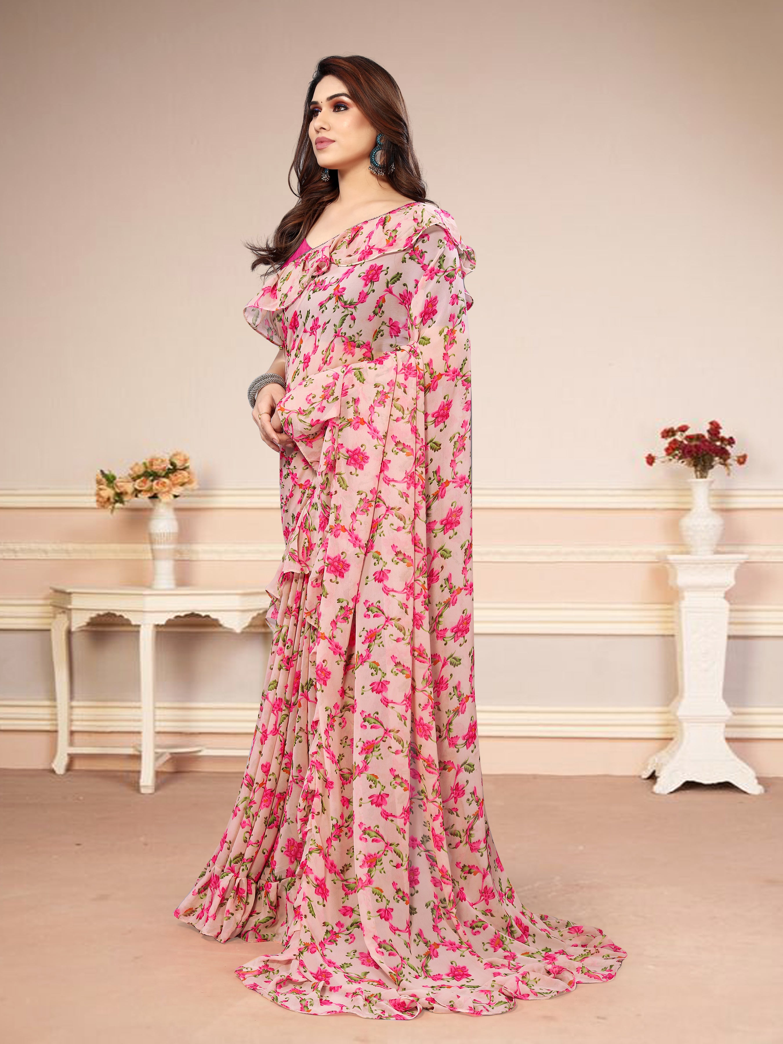 Vsaree Pink Banglori Printed Saree With Banglori Blouse For Women