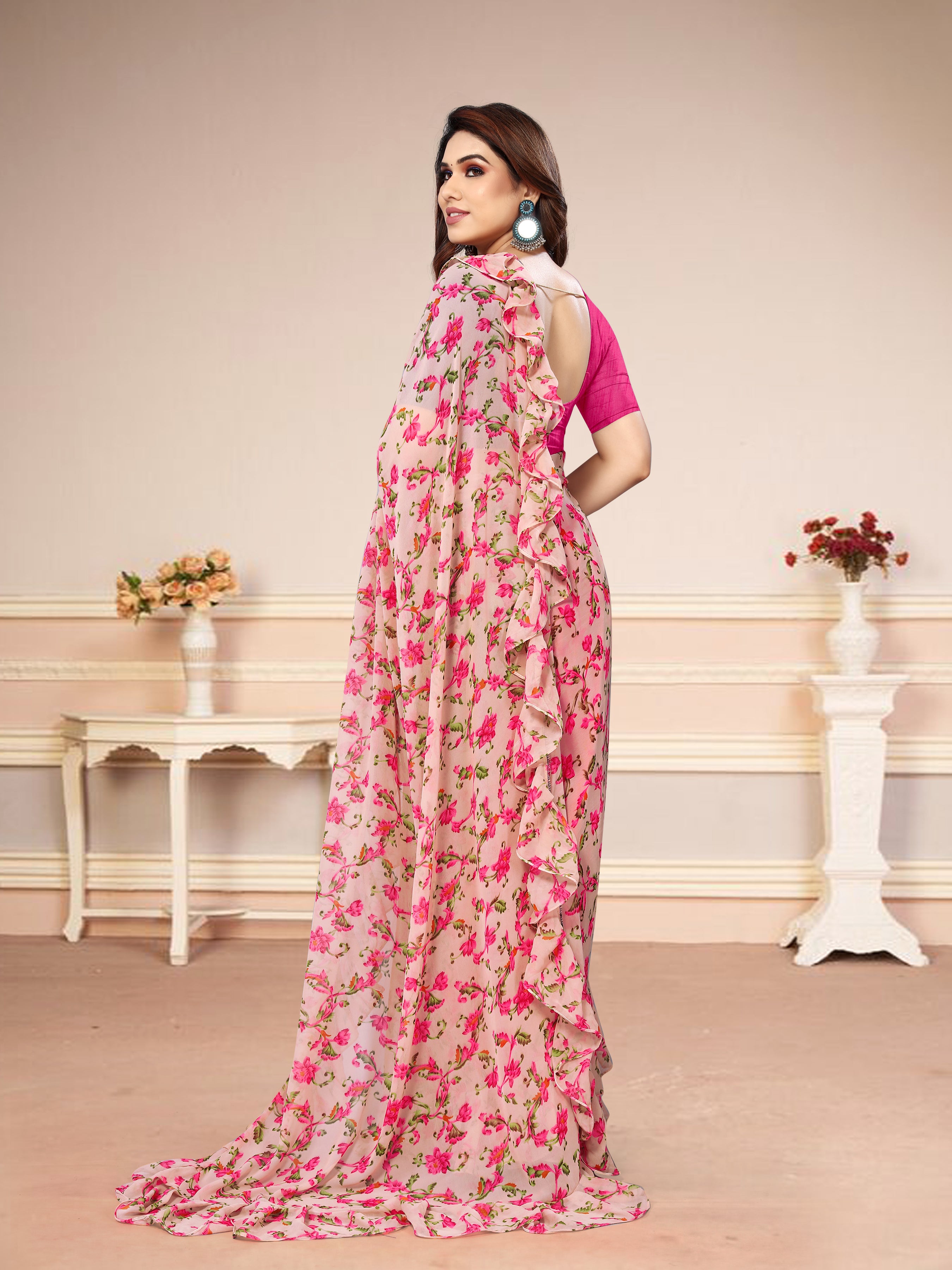 Vsaree Pink Banglori Printed Saree With Banglori Blouse For Women