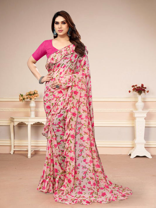 Vsaree Pink Banglori Printed Saree With Banglori Blouse For Women