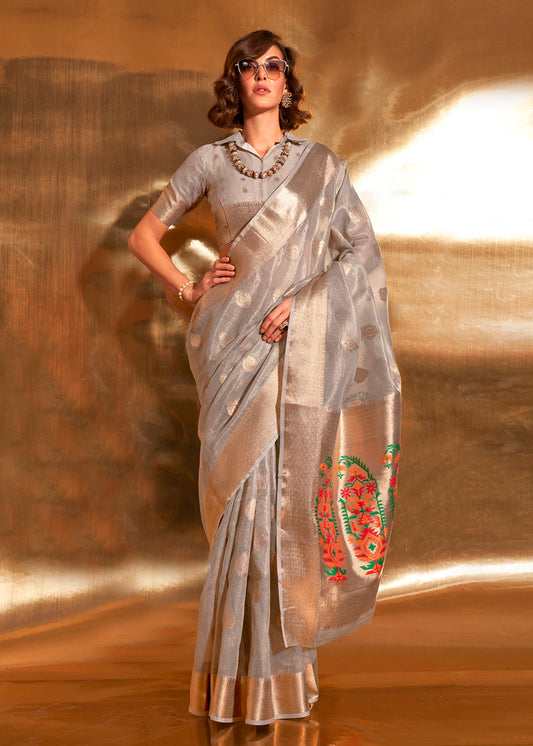 Vsaree Grey Banarasi Design Tissue Silk Saree With Zari Work And Heavy Rich Pallu