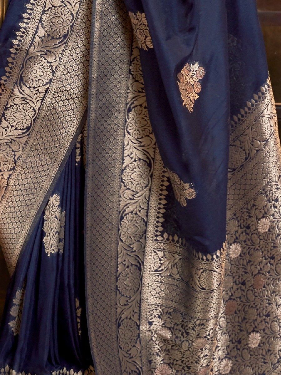 Vsaree Blue Banarasi Khadi Silk Saree For Contrast Zari Weaving Borders And Blouse