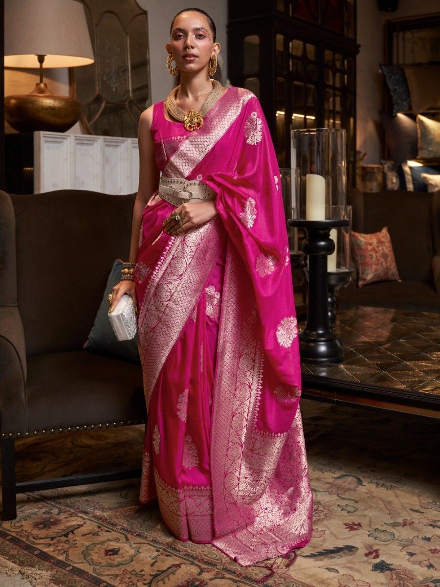 Vsaree Pink Banarasi Khadi Silk Saree For Contrast Zari Weaving Borders And Blouse