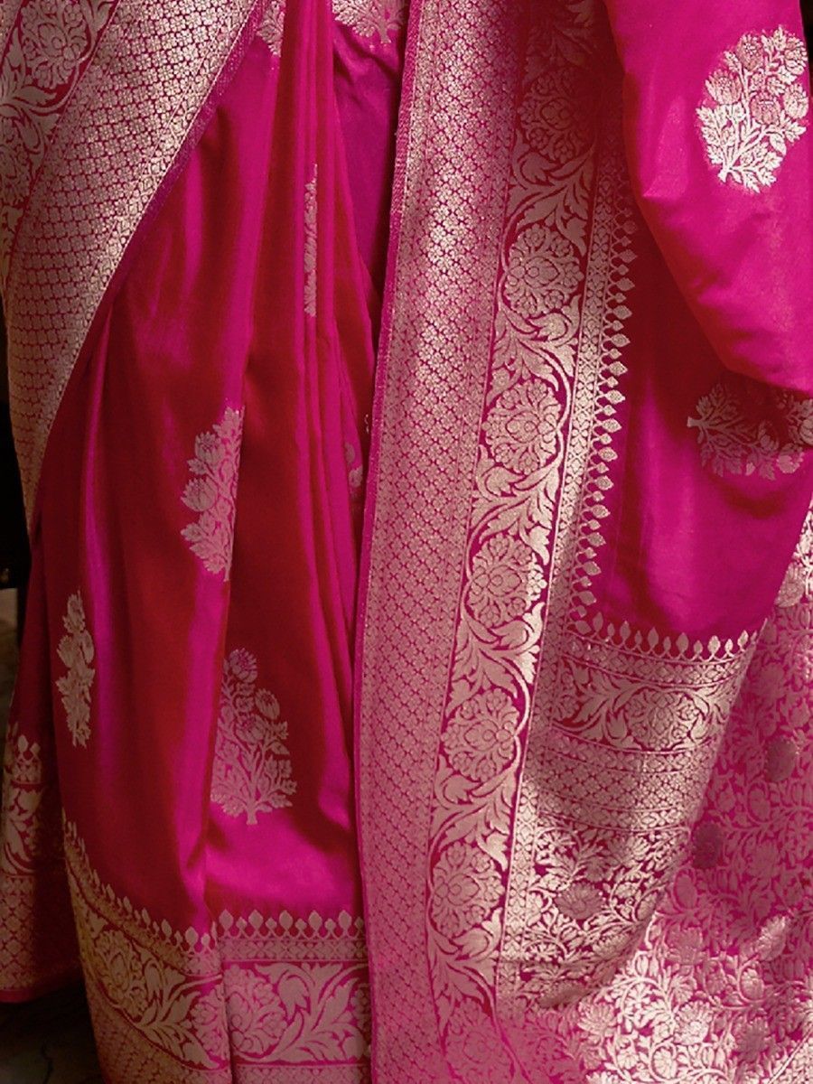 Vsaree Pink Banarasi Khadi Silk Saree For Contrast Zari Weaving Borders And Blouse