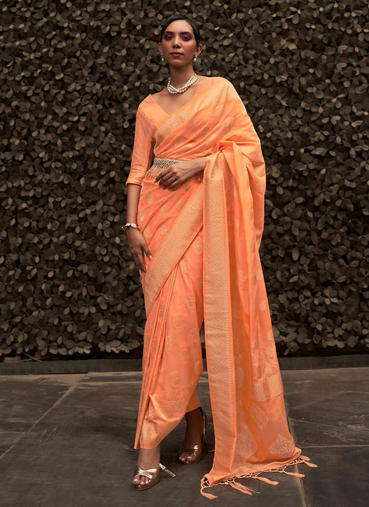 Vsaree Orange Banarasi Silk Golden Border And Zari Weaving Work With Banarasi Design Saree And Blouse