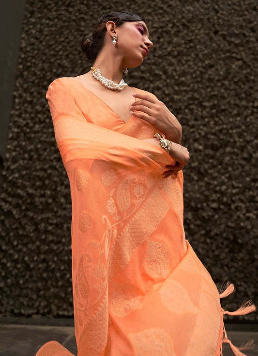 Vsaree Orange Banarasi Silk Golden Border And Zari Weaving Work With Banarasi Design Saree And Blouse