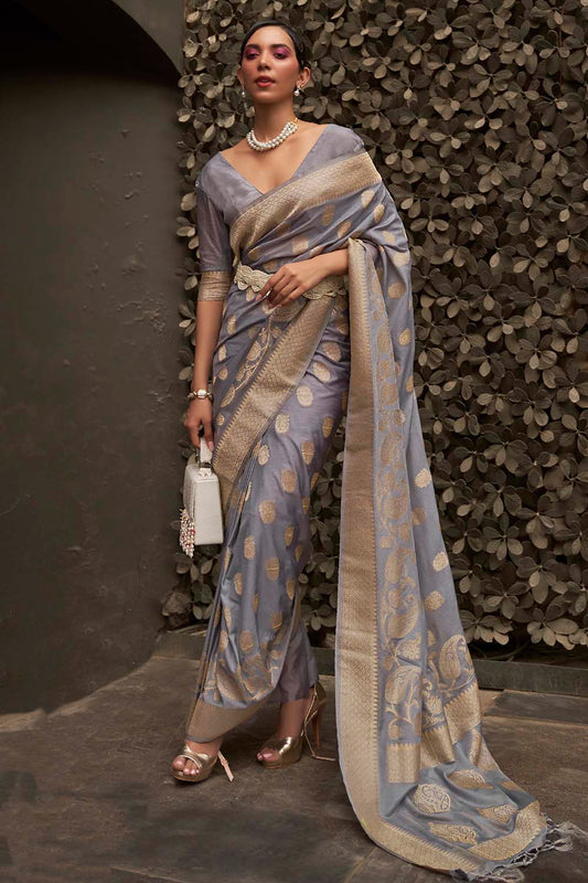 Vsaree Grey Banarasi Silk Golden Border And Zari Weaving Work With Banarasi Design Saree And Blouse