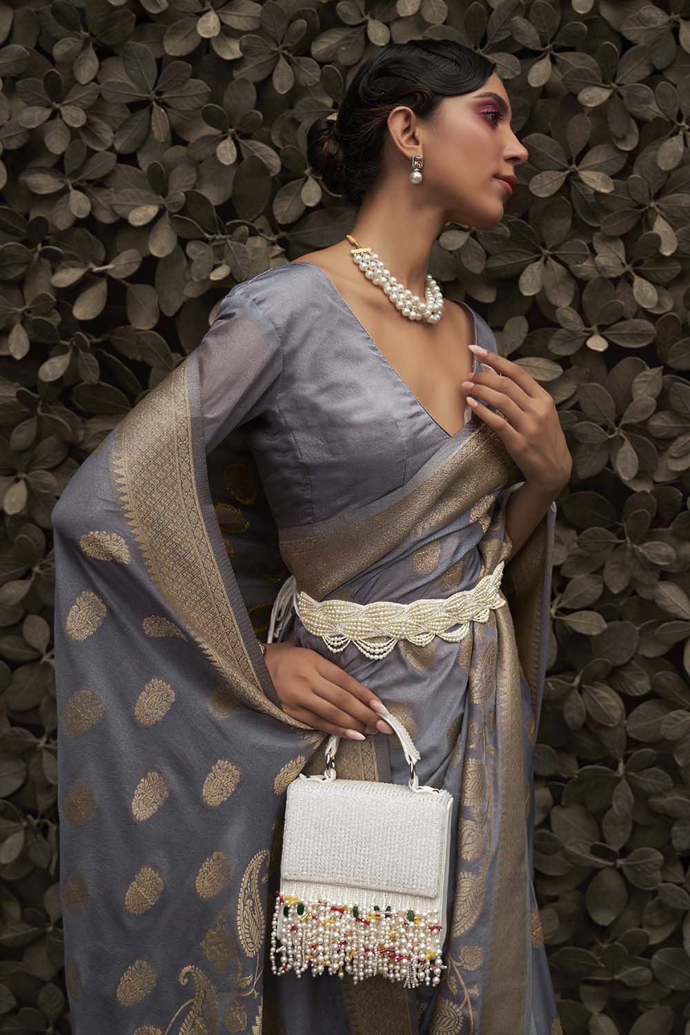 Vsaree Grey Banarasi Silk Golden Border And Zari Weaving Work With Banarasi Design Saree And Blouse