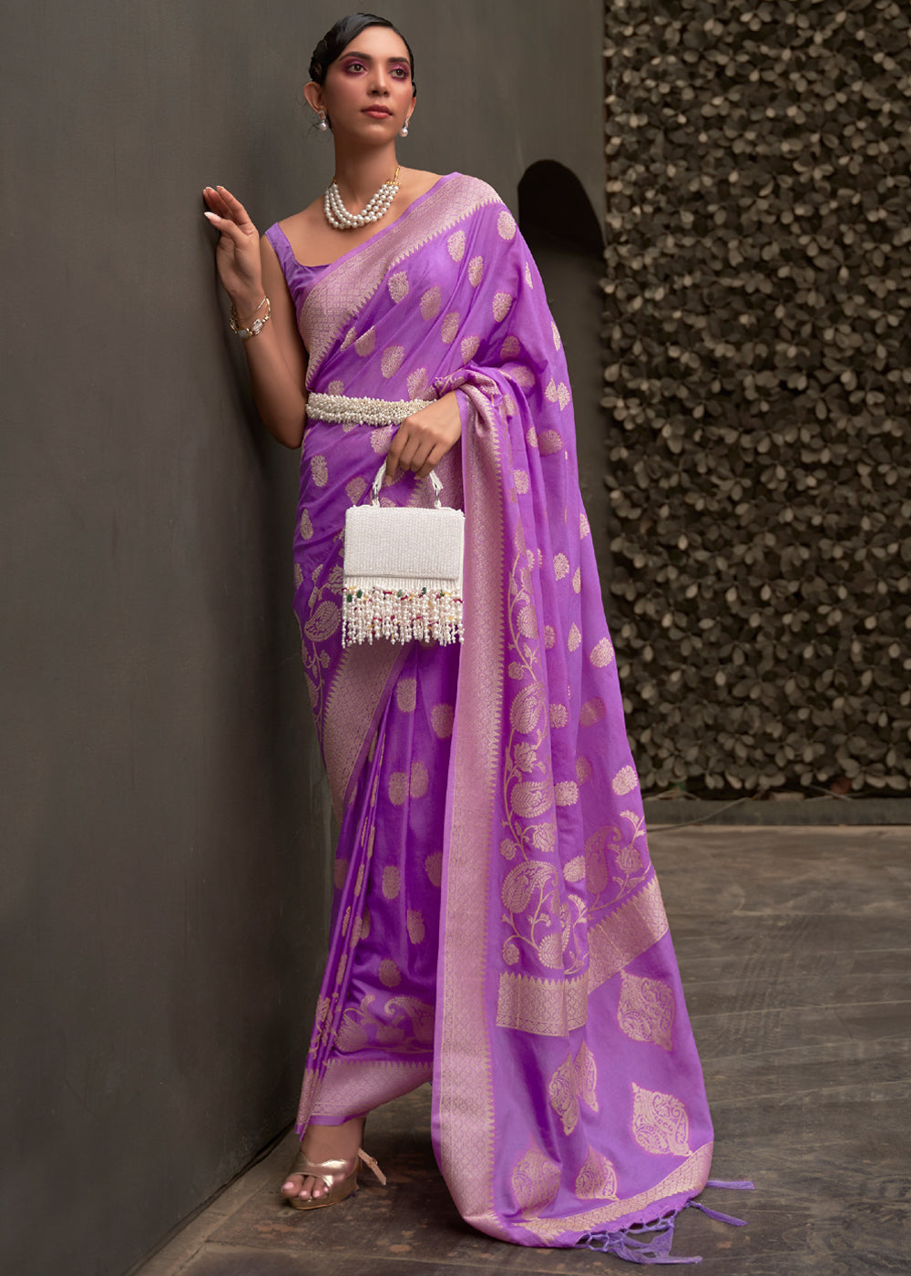 Vsaree Purple Banarasi Silk Golden Border And Zari Weaving Work With Banarasi Design Saree And Blouse