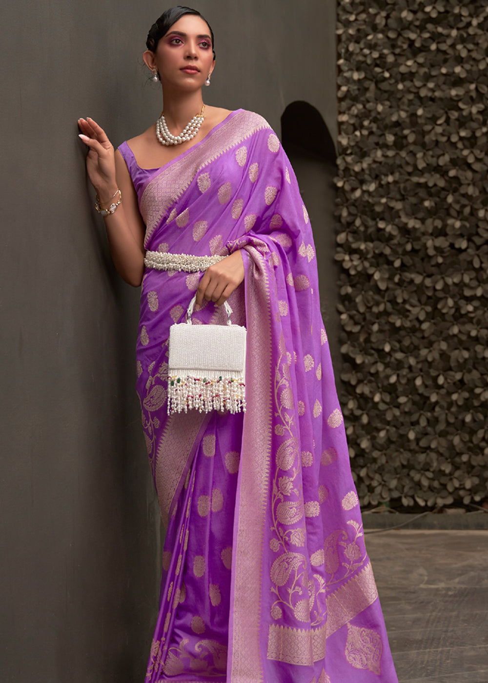 Vsaree Purple Banarasi Silk Golden Border And Zari Weaving Work With Banarasi Design Saree And Blouse