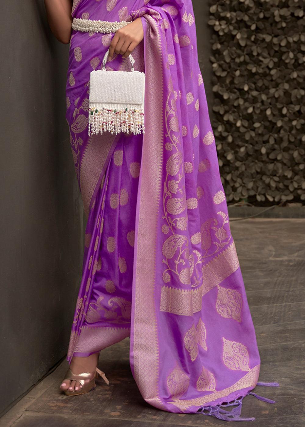 Vsaree Purple Banarasi Silk Golden Border And Zari Weaving Work With Banarasi Design Saree And Blouse