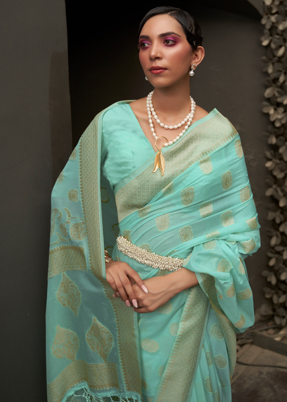 Vsaree Sea Green Banarasi Silk Golden Border And Zari Weaving Work With Banarasi Design Saree And Blouse