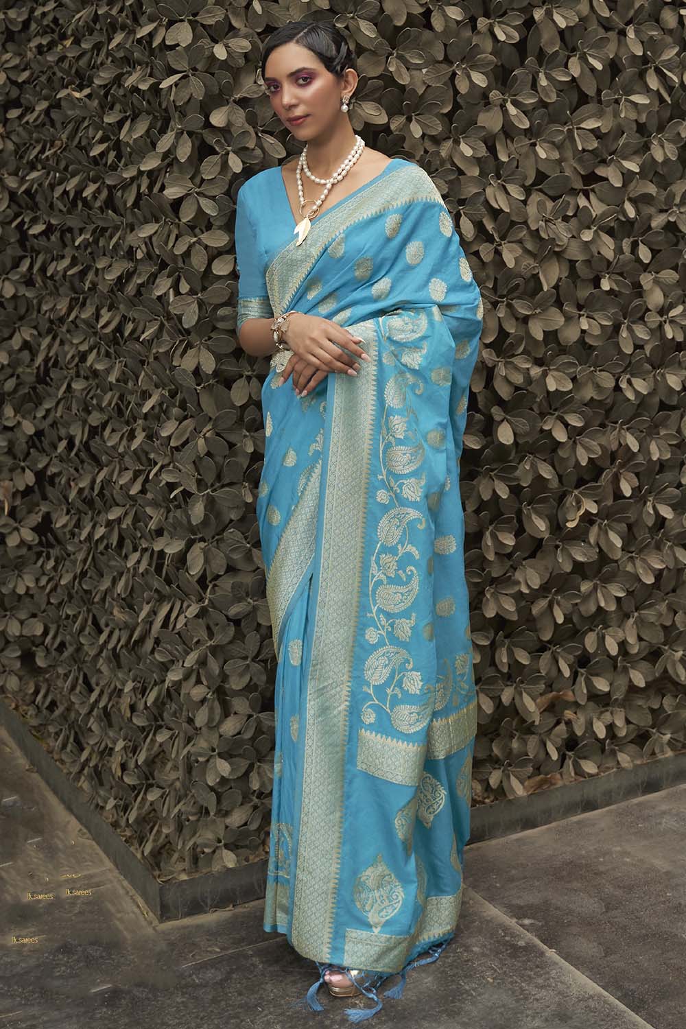 Vsaree Teal Banarasi Silk Golden Border And Zari Weaving Work With Banarasi Design Saree And Blouse