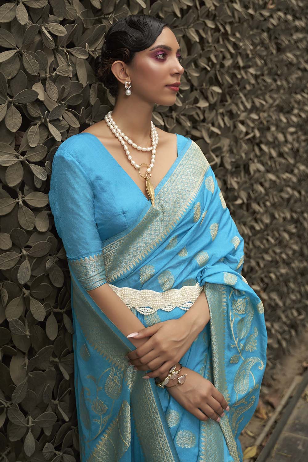 Vsaree Teal Banarasi Silk Golden Border And Zari Weaving Work With Banarasi Design Saree And Blouse