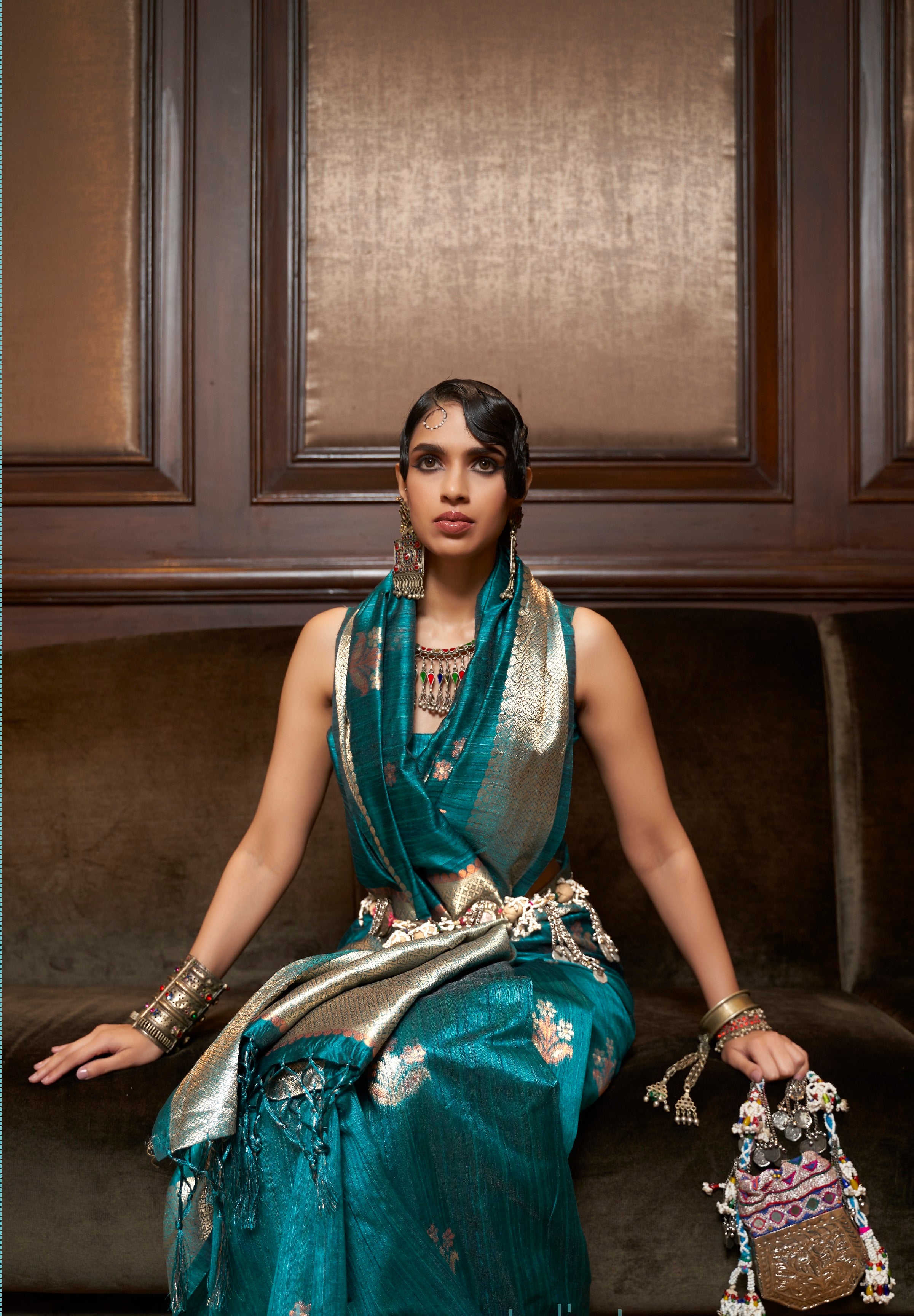 Vsaree Teal Banarasi Silk Golden Border And Zari Weaving Work With Banarasi Design Saree And Blouse