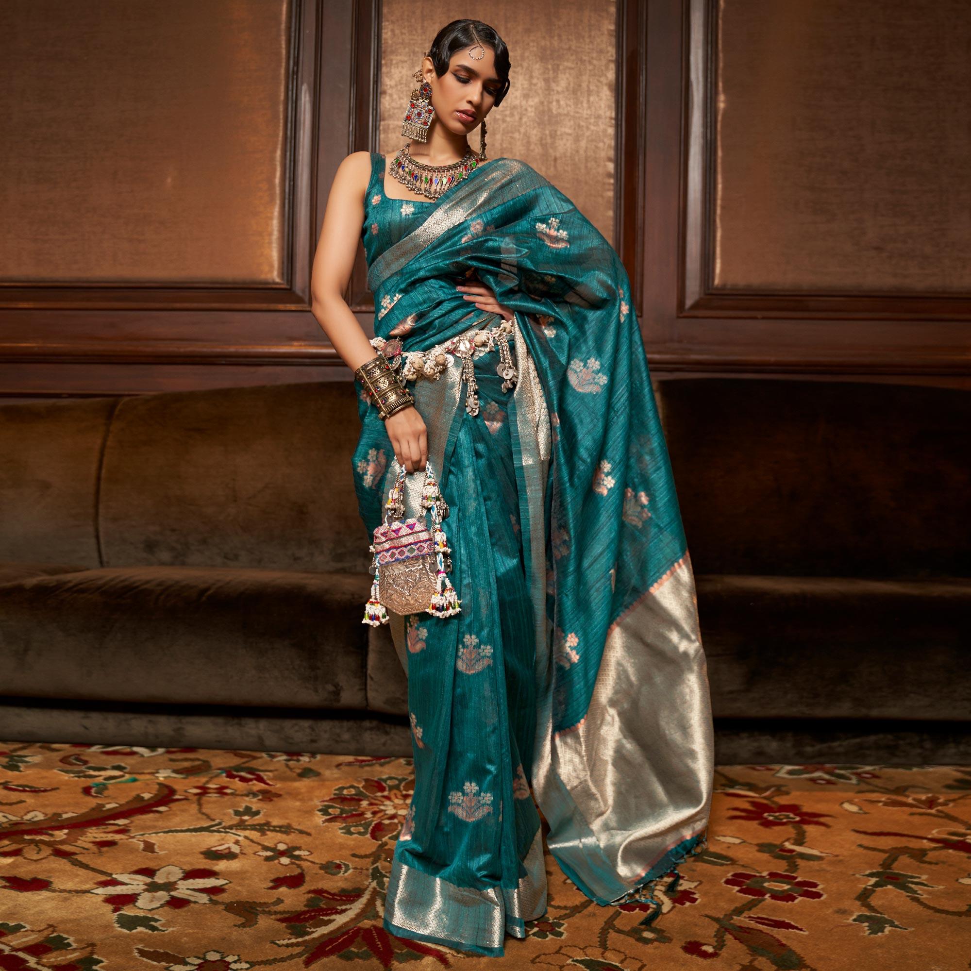 Vsaree Teal Banarasi Silk Golden Border And Zari Weaving Work With Banarasi Design Saree And Blouse