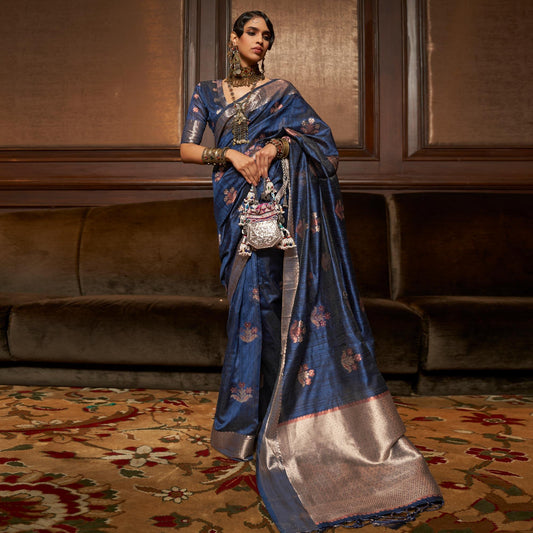 Vsaree Blue Banarasi Silk Golden Border And Zari Weaving Work With Banarasi Design Saree And Blouse