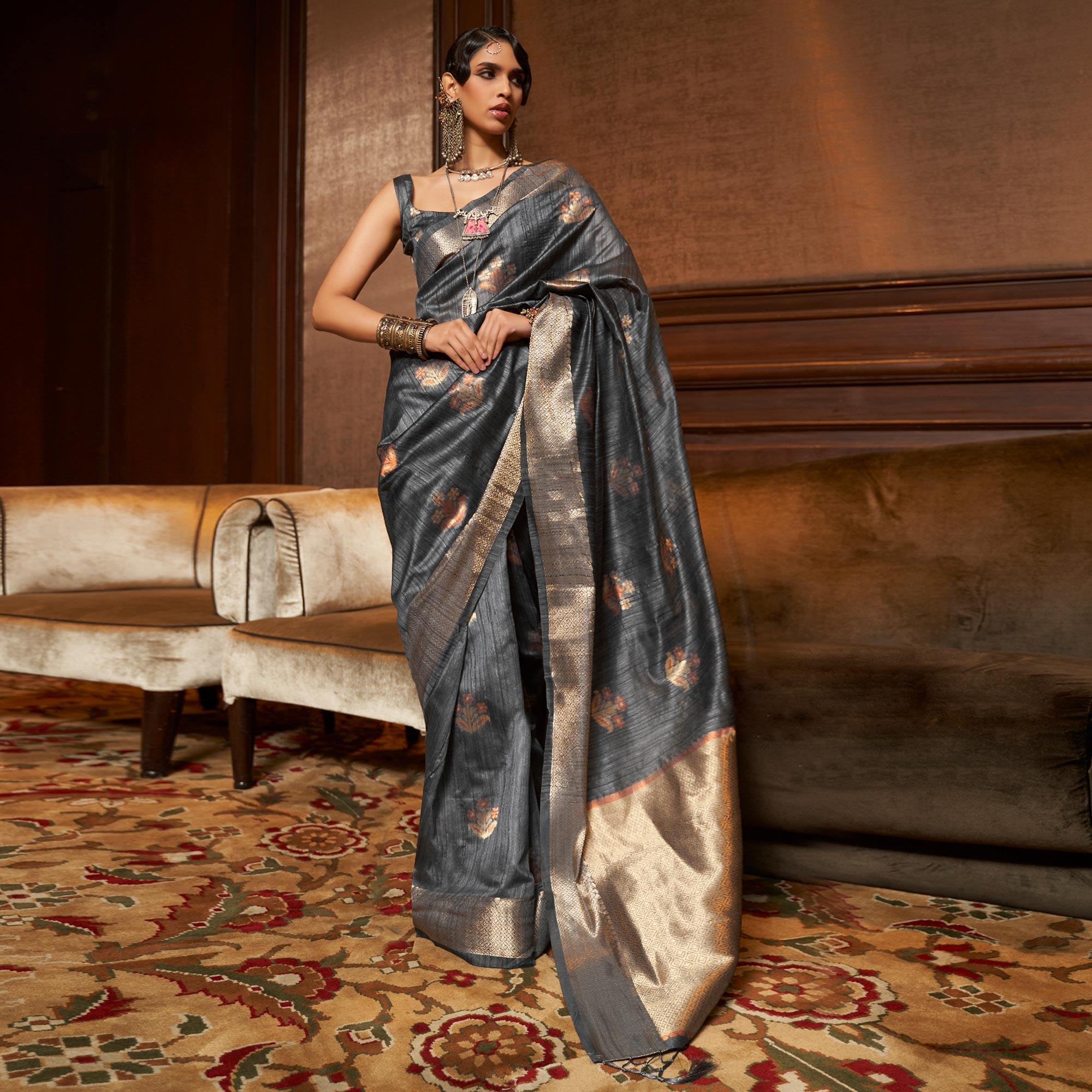 Vsaree Grey Banarasi Silk Golden Border And Zari Weaving Work With Banarasi Design Saree And Blouse