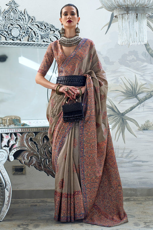 Vsaree Dark beige Banarasi Silk Golden Border And Zari Weaving Work With Banarasi Design Saree And Blouse