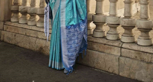 Vsaree Teal Banarasi Silk Zari Weaving Work With Banarasi Design Saree And Blouse