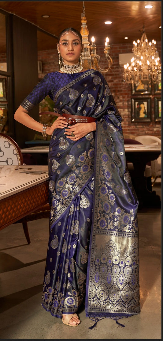 Vsaree Blue Banarasi Silk Zari Weaving Work With Banarasi Design Saree And Blouse