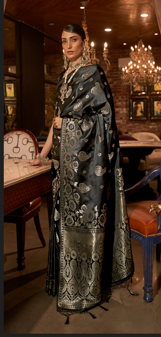 Vsaree Black Banarasi Silk Zari Weaving Work With Banarasi Design Saree And Blouse