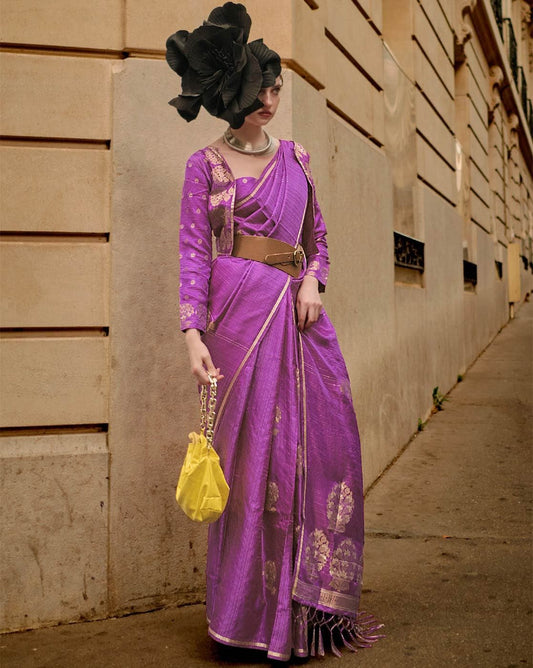 Vsaree Purple Banarasi Silk Zari Weaving Work With Banarasi Design Saree And Blouse