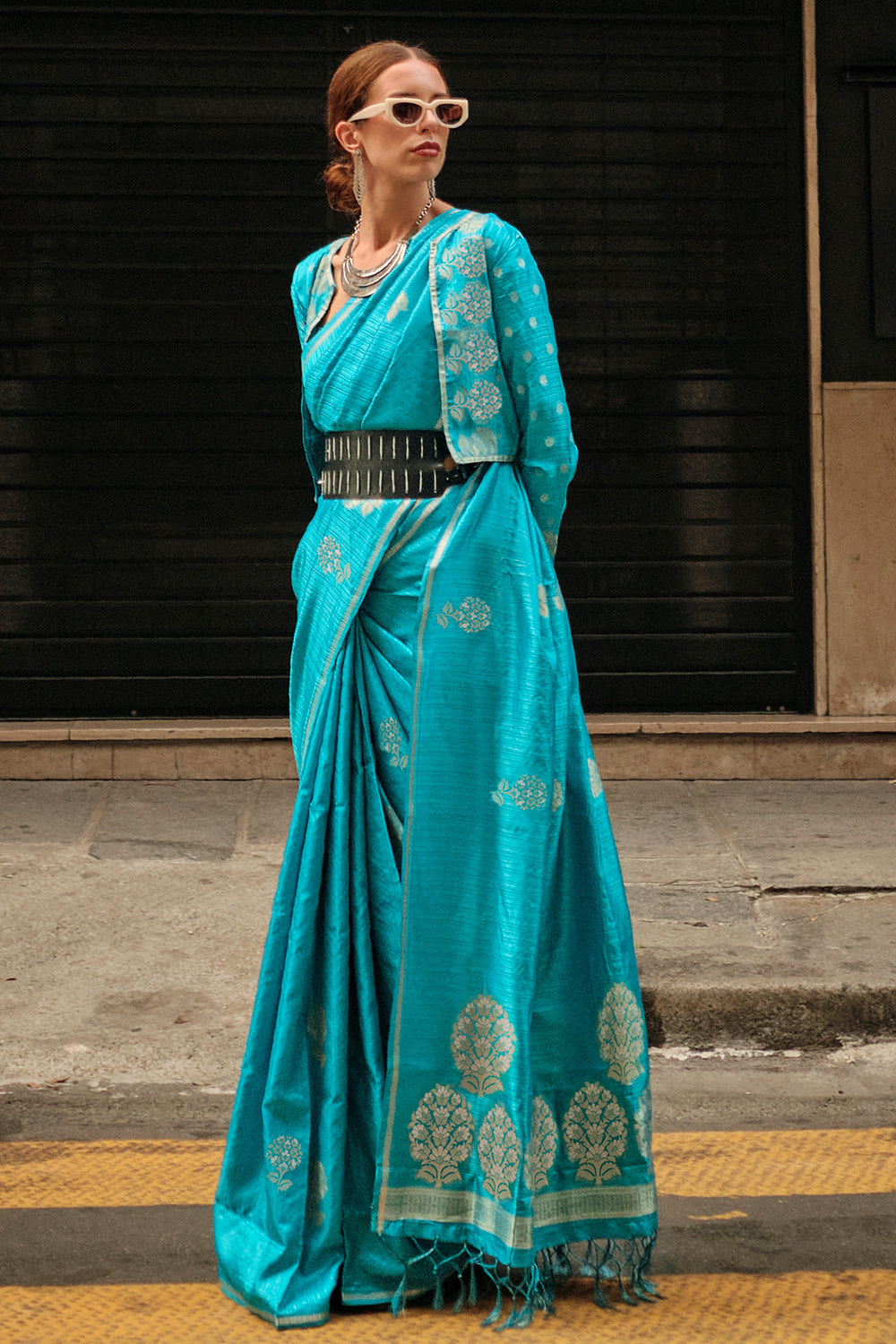 Vsaree Sky Blue Banarasi Silk Zari Weaving Work With Banarasi Design Saree And Blouse