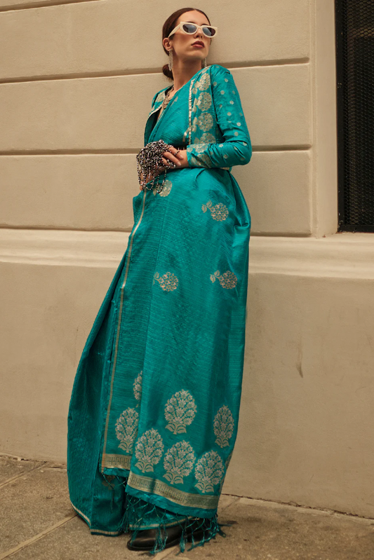 Vsaree Dark Teal Banarasi Silk Zari Weaving Work With Banarasi Design Saree And Blouse