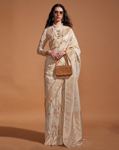 Vsaree Cream Banarasi Silk Golden Border With Banarasi Design Saree And Blouse