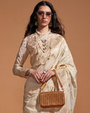 Vsaree Cream Banarasi Silk Golden Border With Banarasi Design Saree And Blouse